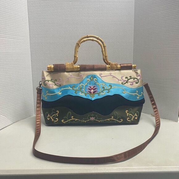 PRESTON & York Embroidered Satin Fabric Handbag With Bamboo Handles Shoulder Tot - Picture 12 of 12